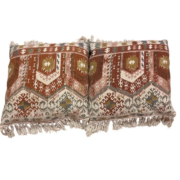 2 Bohemian Kilim Style Throw Pillow With Fringe 22 x 22”Multicolor Cotton - Picture 8 of 16